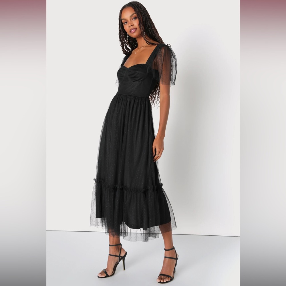 Lulus Dreamy Celebration Black Tulle Bustier Swiss Dot Midi Dress
